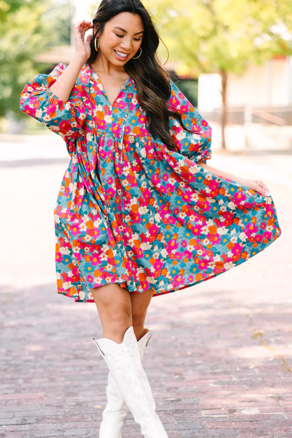 Sky Blue Floral Print Bubble Sleeve Dress