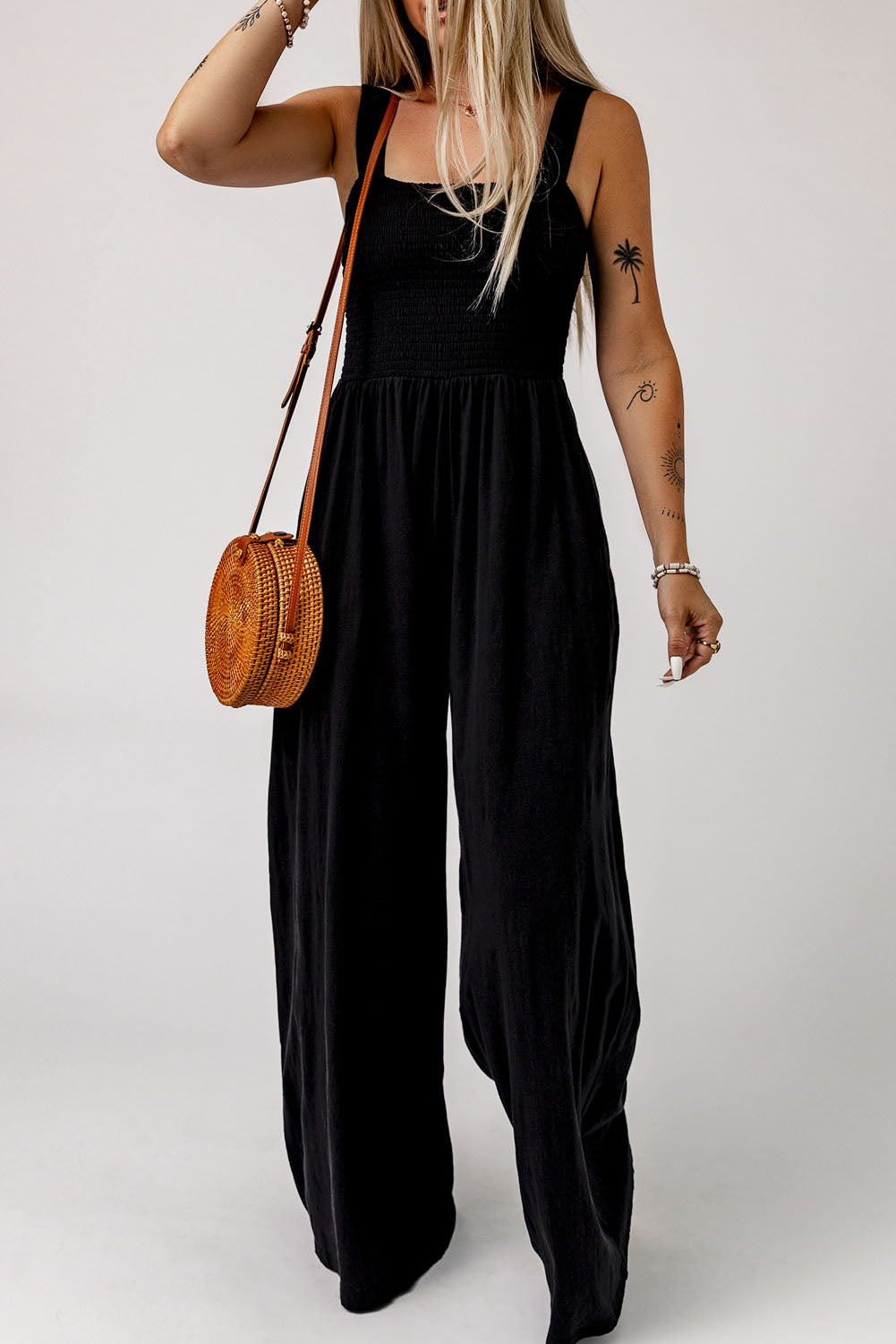 Black Smocked Sleeveless Wide Leg Jumpsuit