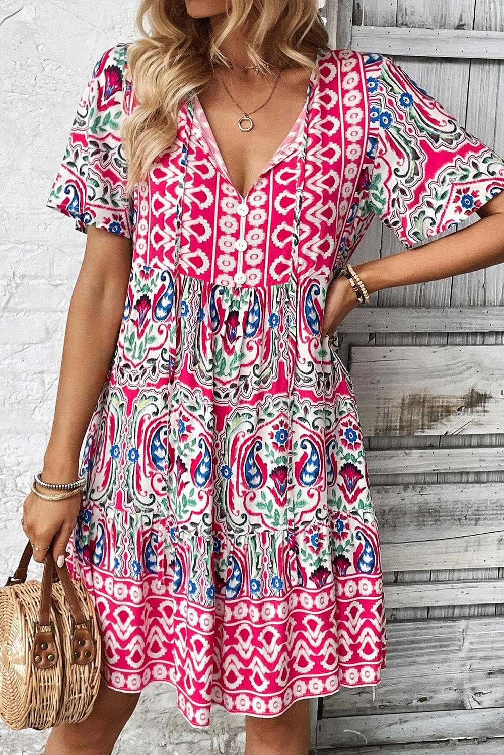 Pink Bohemian Ruffle Hem Short Dress