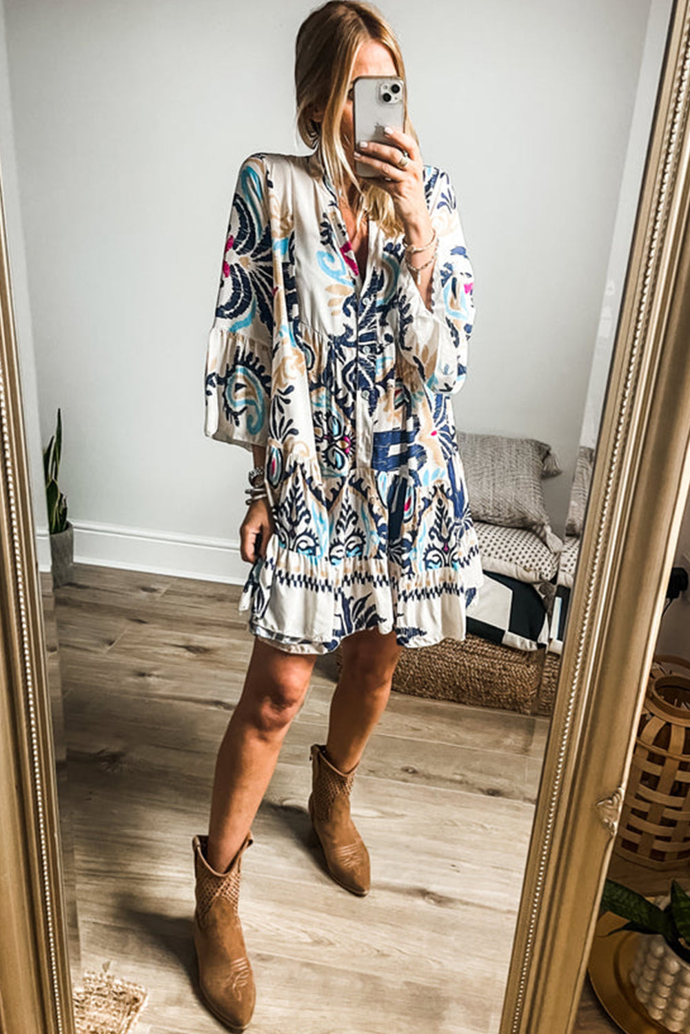 White Tribal Print Buttoned Mini Dress