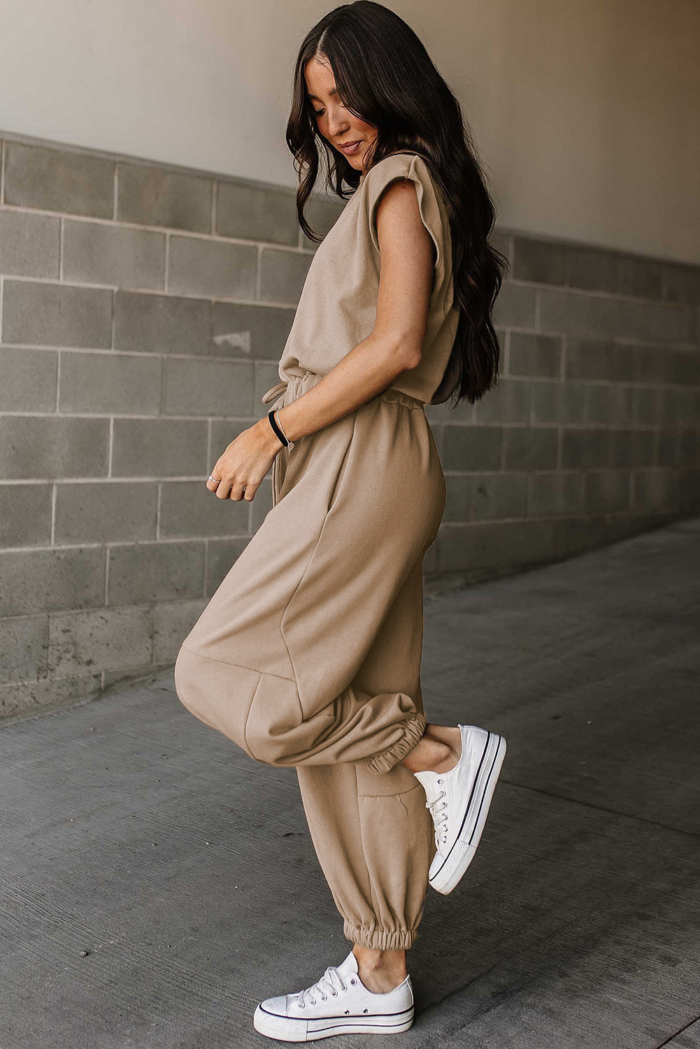 Light French Beige Back Drawstring Jogger Jumpsuit