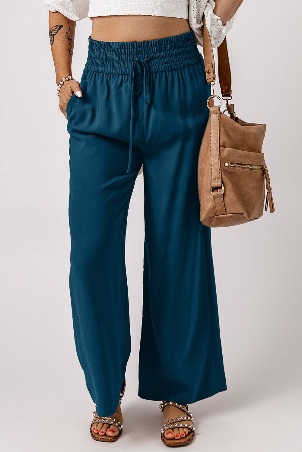 Blue Drawstring Elastic Waist Pants