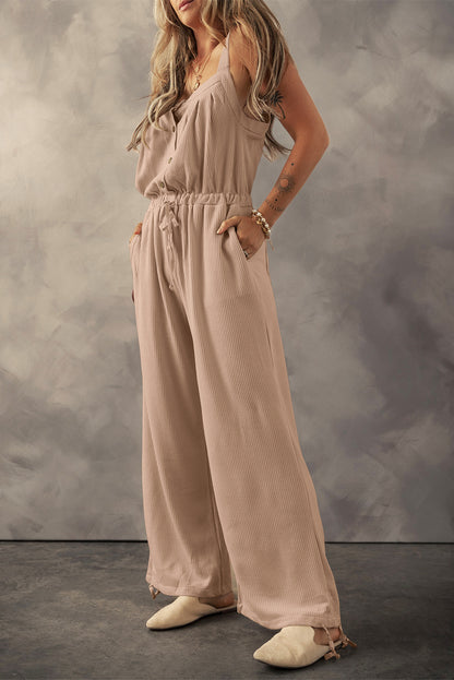 Pale Khaki Textured Drawstring Jumpsuit