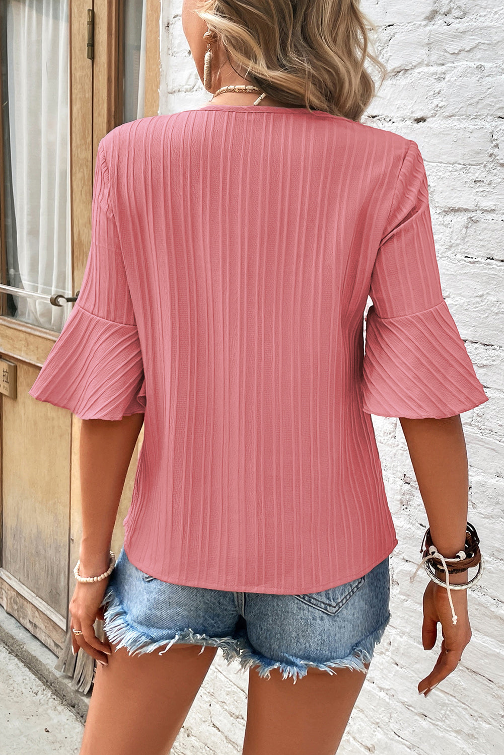 Peach Blossom Ruffled V Neck Top