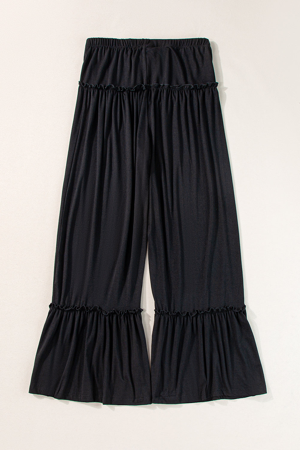 Black Frilled Drawstring High Waist Wide Leg Pants