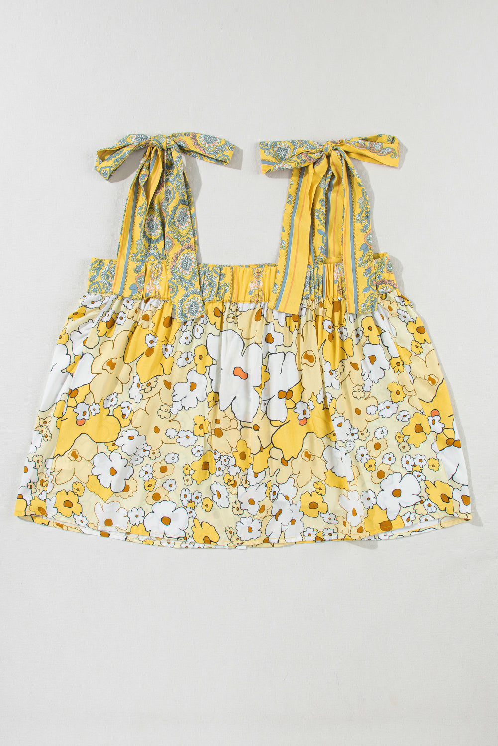 Yellow Floral Patchwork Tied Straps Buttoned Tank Top