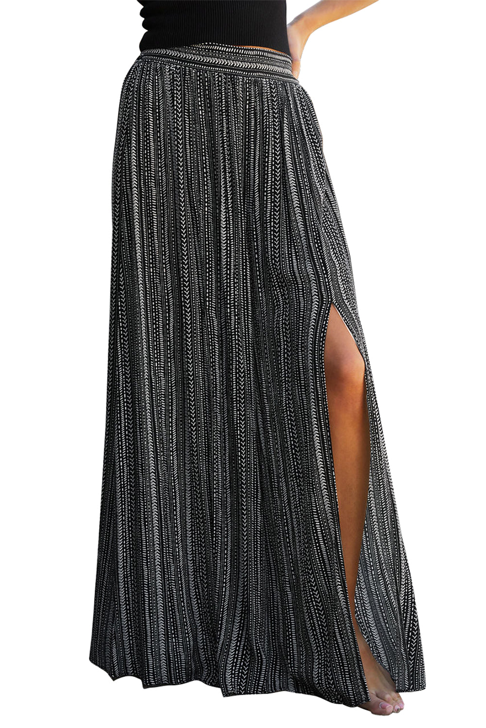 Black Striped Slit Wide Leg Pants