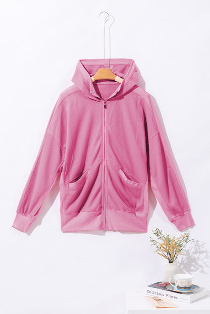 Rose Thermal Waffle Knit Full Zipper Hooded Jacket