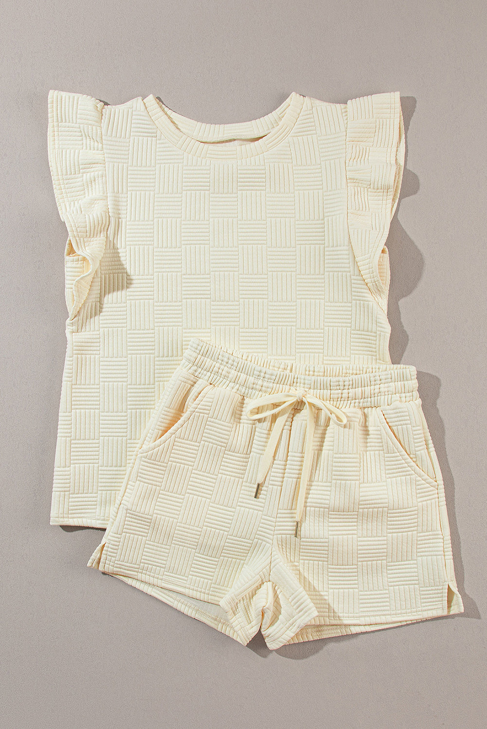 Apricot Textured Ruffled Sleeve Tee and Drawstring Shorts Set