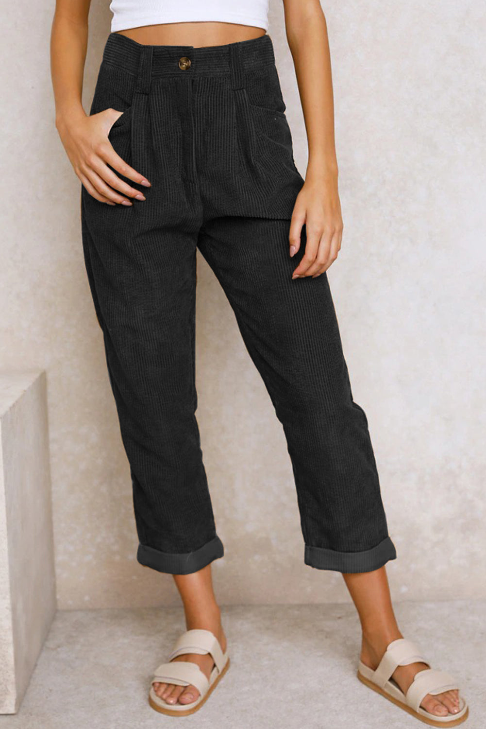 Black Corduroy High Waist Pants