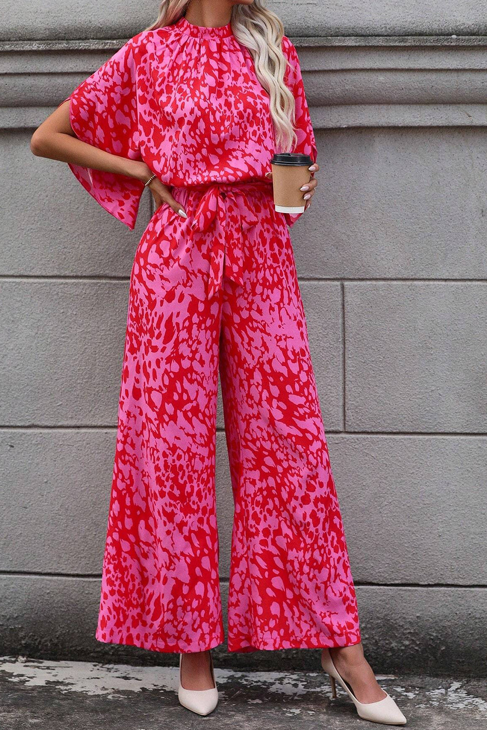 Rose Leopard Loose Sleeve Jumpsuit