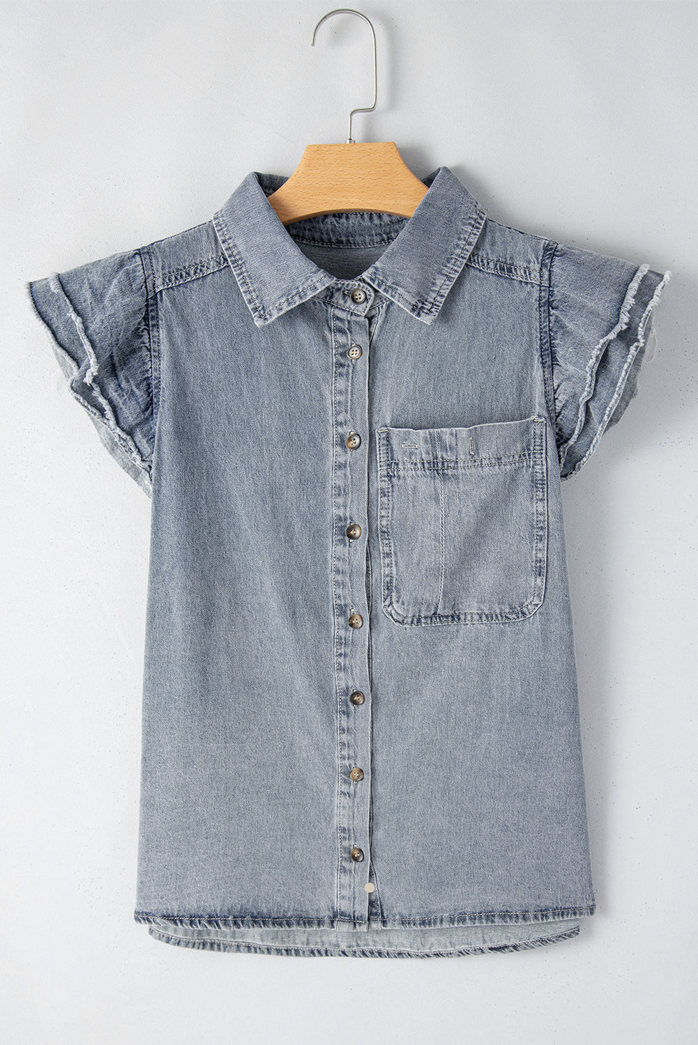 Beau Blue Frayed Ruffle Sleeve Denim Shirt