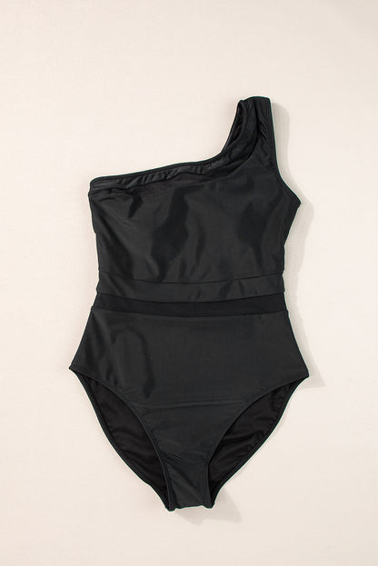 Black Mesh One Shoulder High Waist Swimsuit