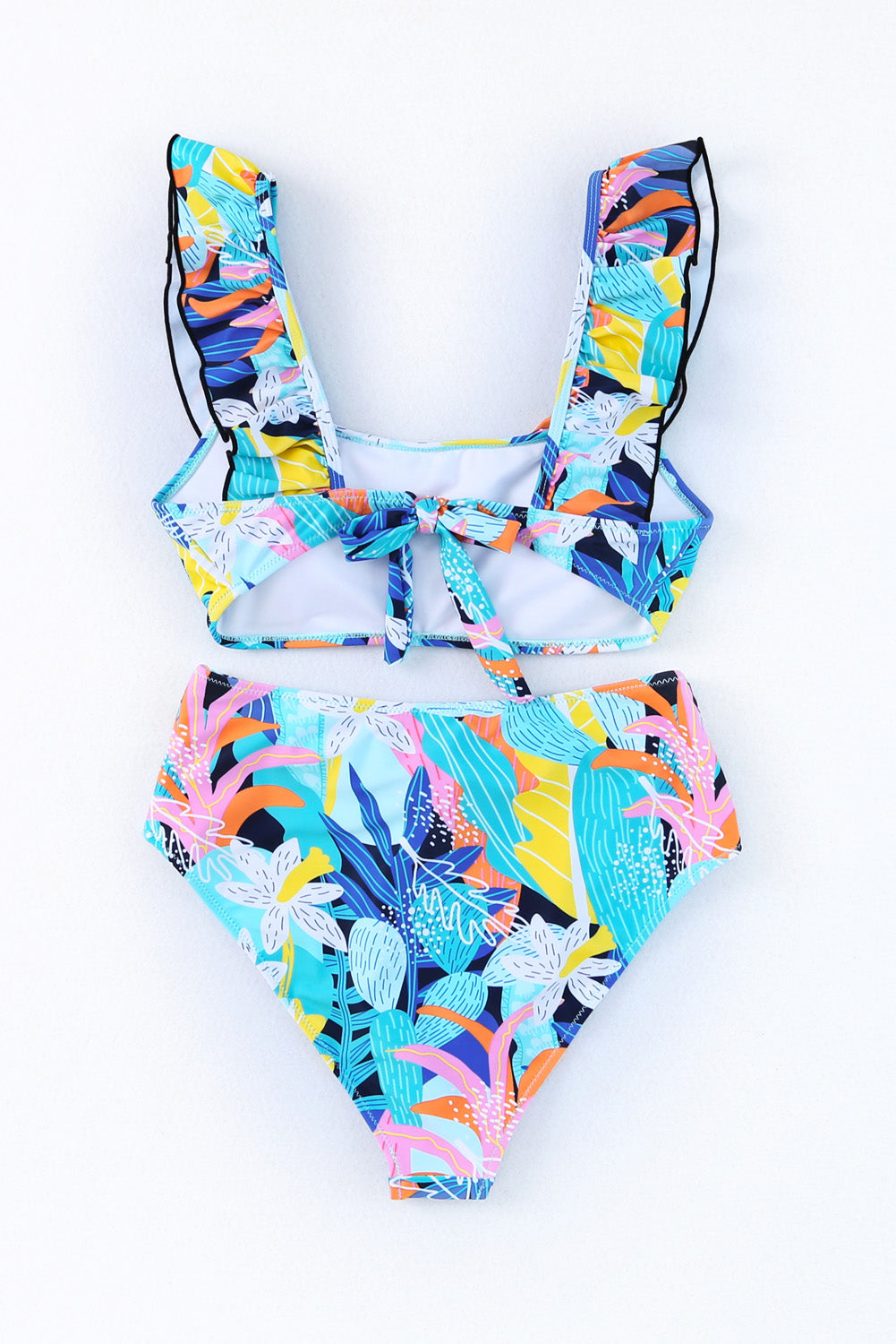 Green Tropical Print Ruffled High Waist Swimsuit