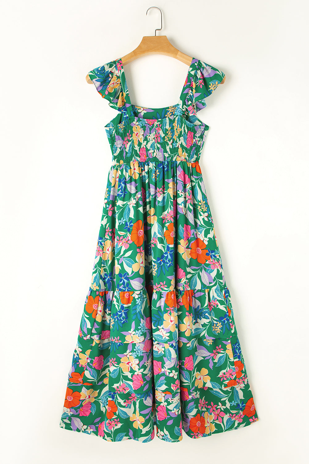 Green Floral Print Ruffle Maxi Dress