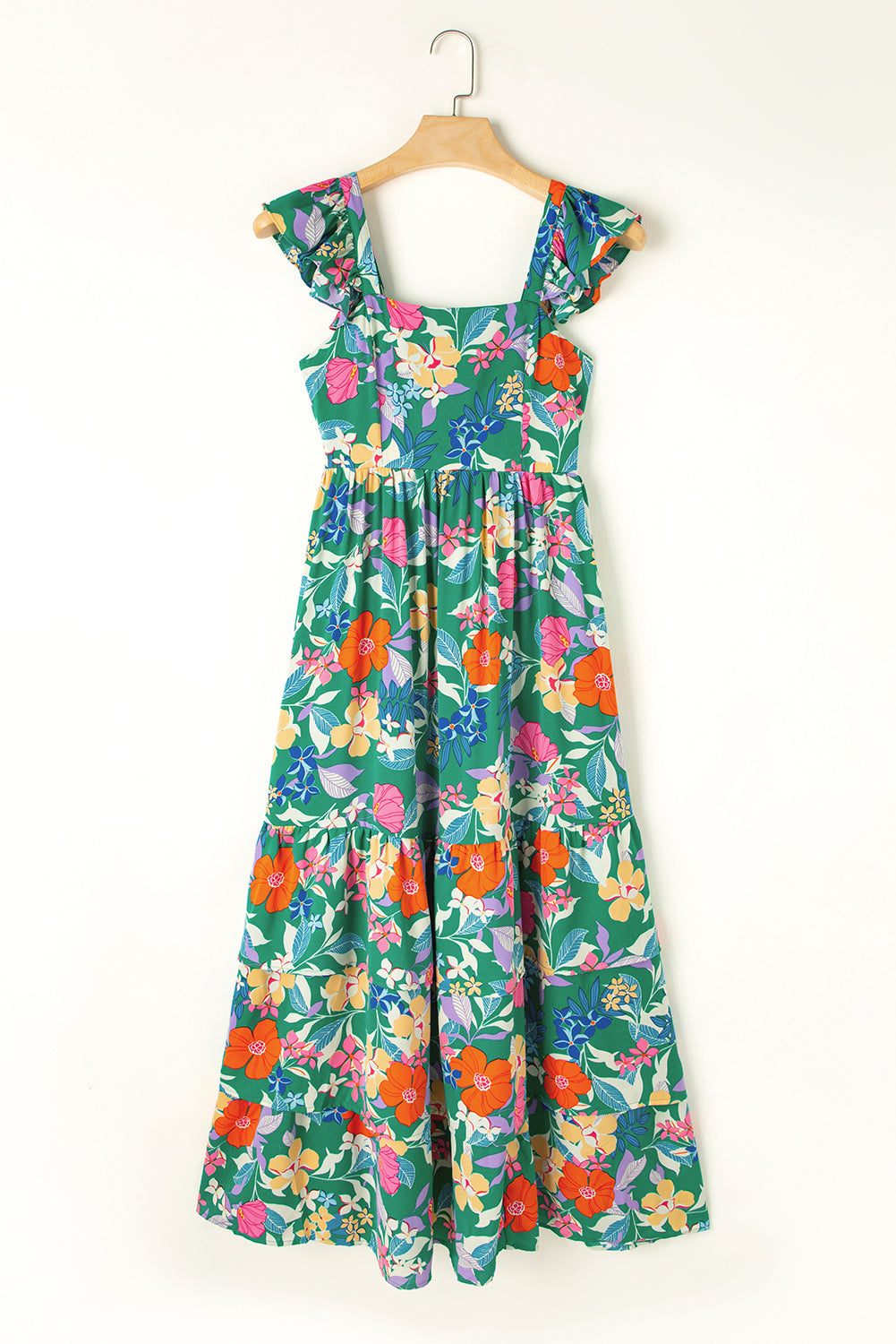 Green Floral Print Ruffle Maxi Dress