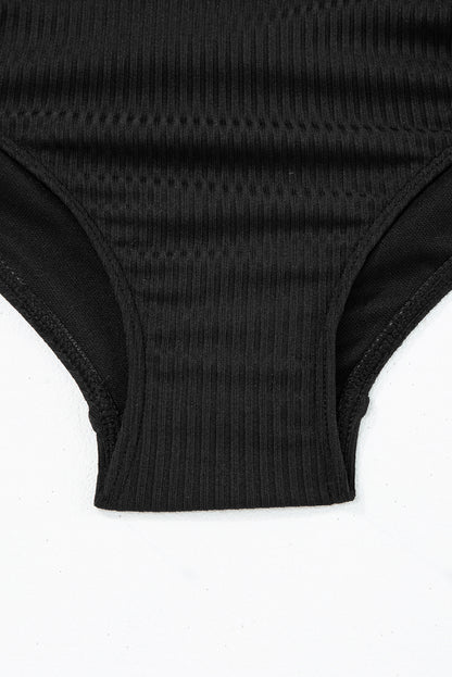 Black Ribbed Sides Cutout One Piece Swimsuit