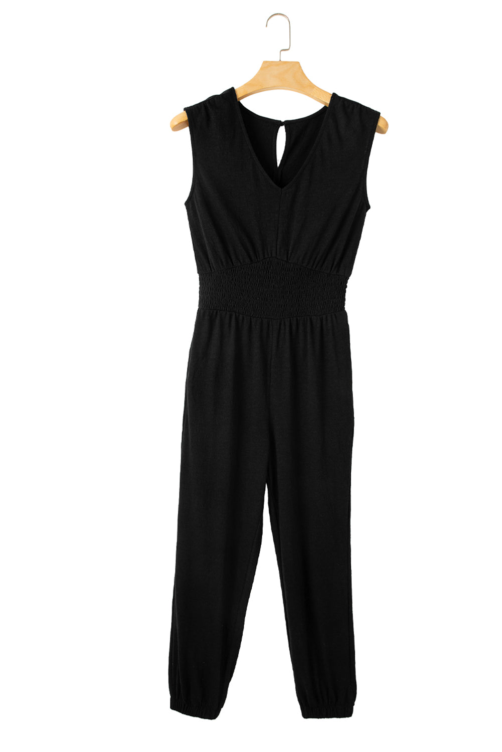 Black Shirred High Waist Sleeveless Jumpsuit