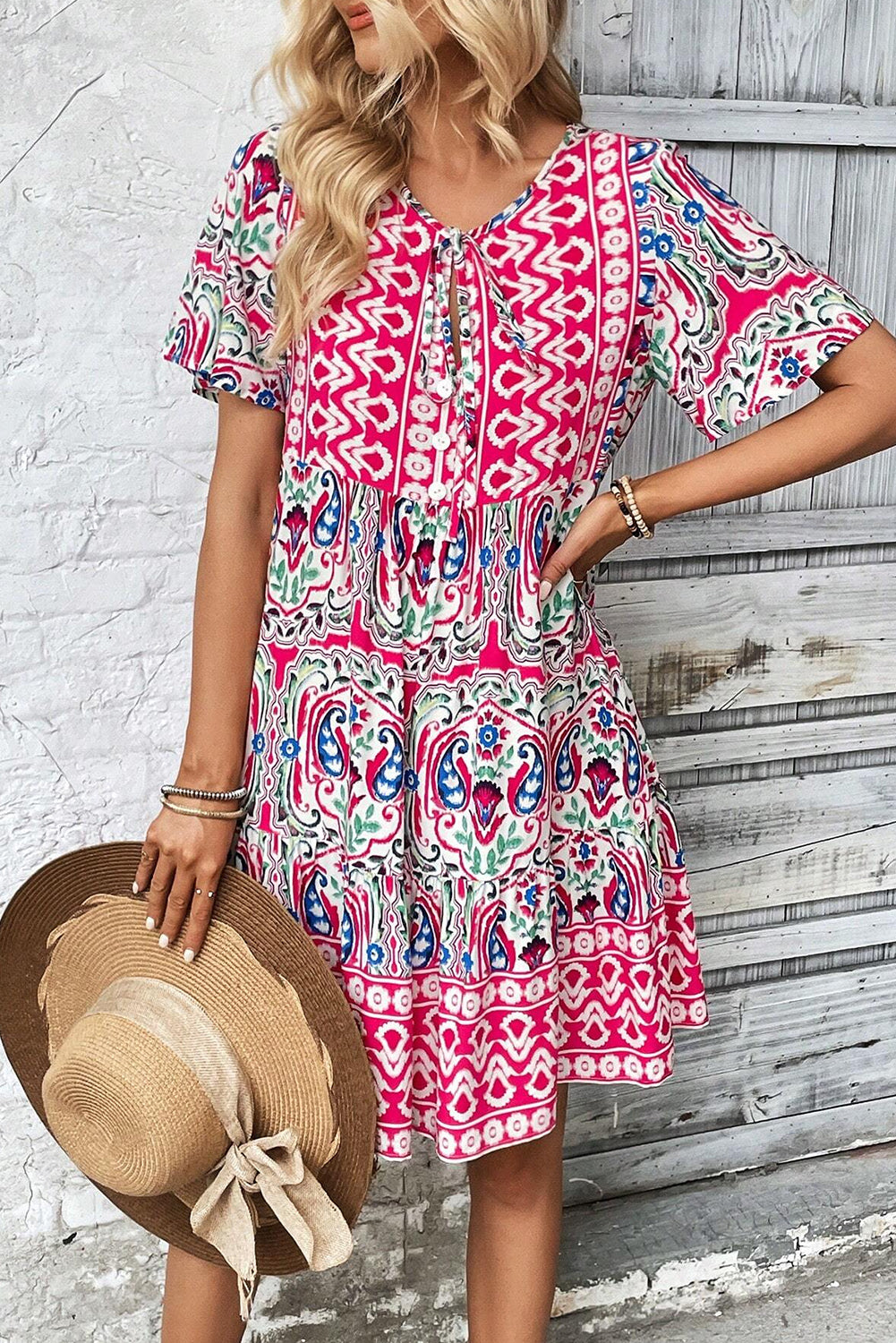 Pink Bohemian Ruffle Hem Short Dress