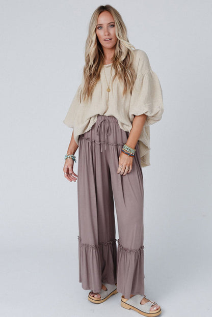 Khaki Frilled High Waist Wide Leg Pants