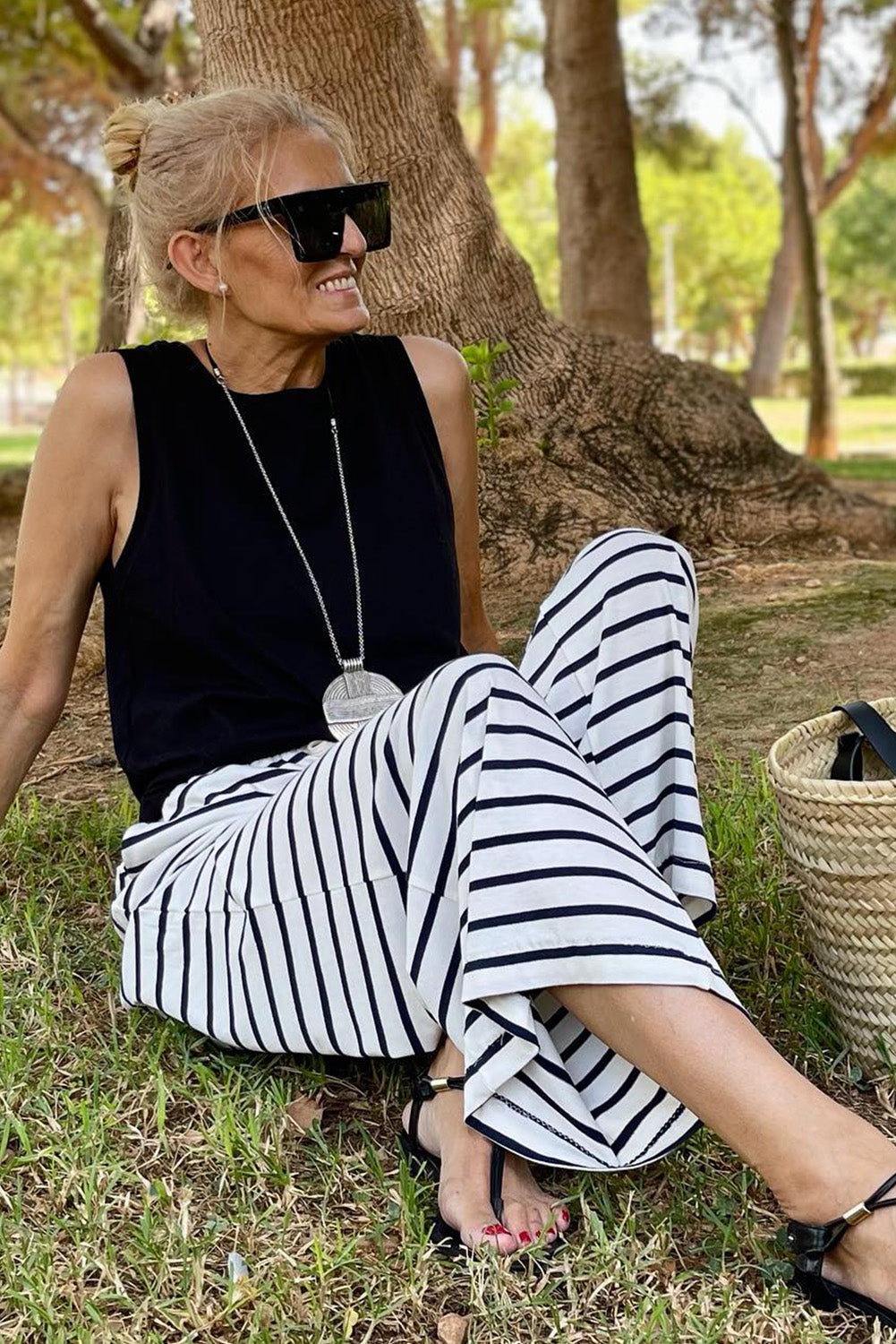 White Drawstring Striped Wide Leg Pants