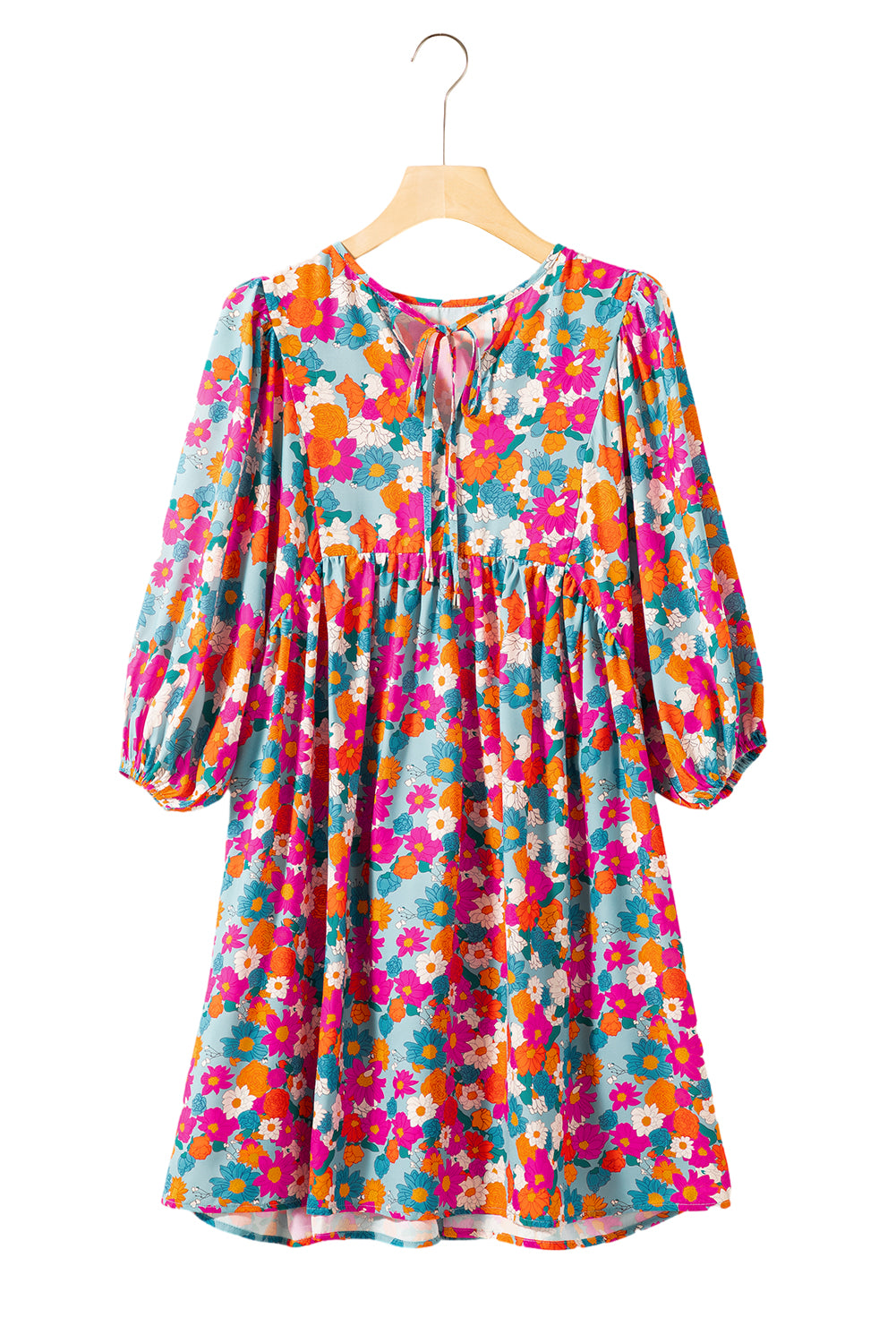 Sky Blue Floral Print Bubble Sleeve Dress