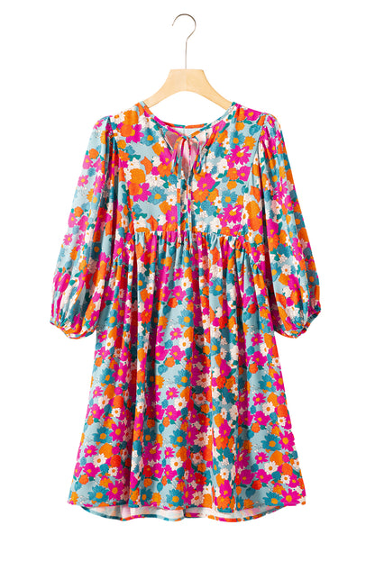 Sky Blue Floral Print Bubble Sleeve Dress