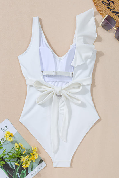 White Asymmetric Ruffle Tie Waist Swimsuit