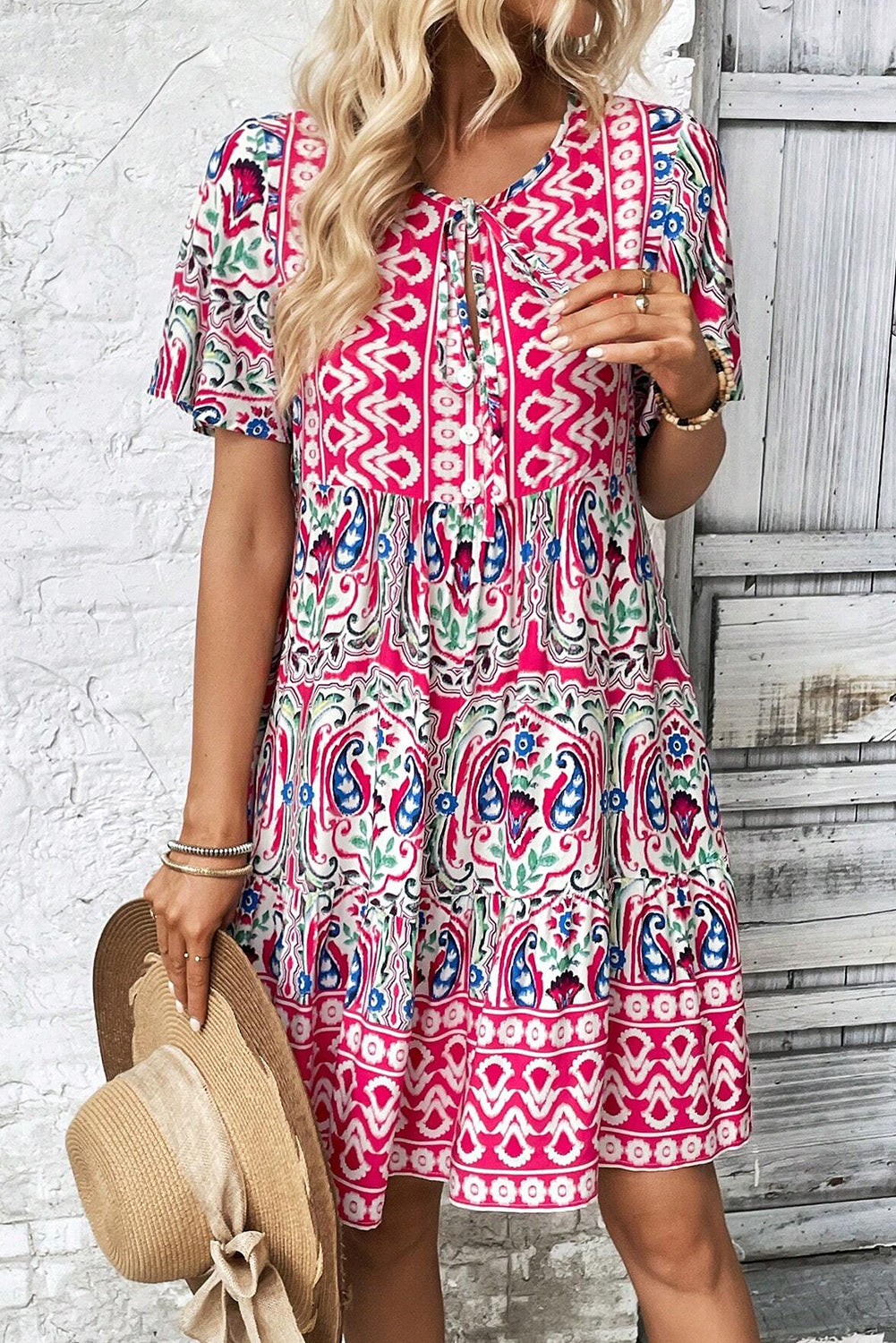 Pink Bohemian Ruffle Hem Short Dress