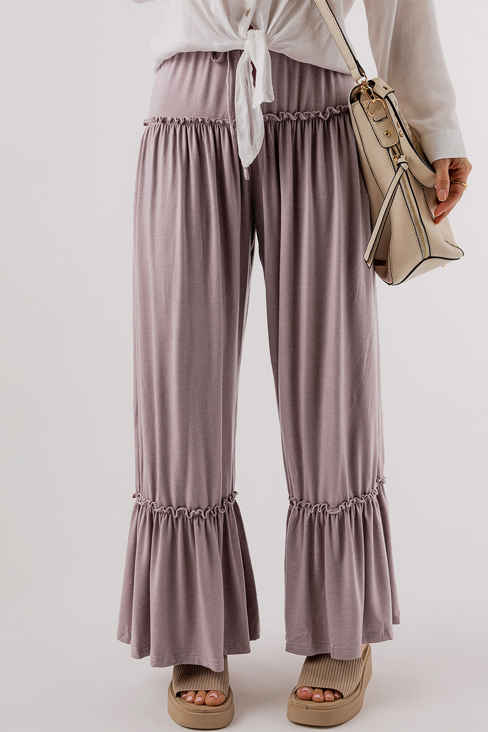 Khaki Frilled High Waist Wide Leg Pants