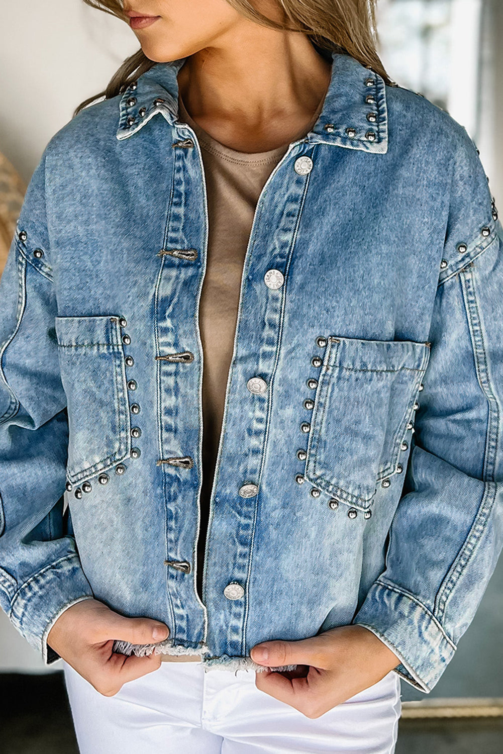 Sky Blue Studded Acid Wash Denim Jacket