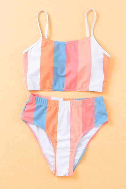 Orange Vertical Striped High Waist Bikini Swimsuit