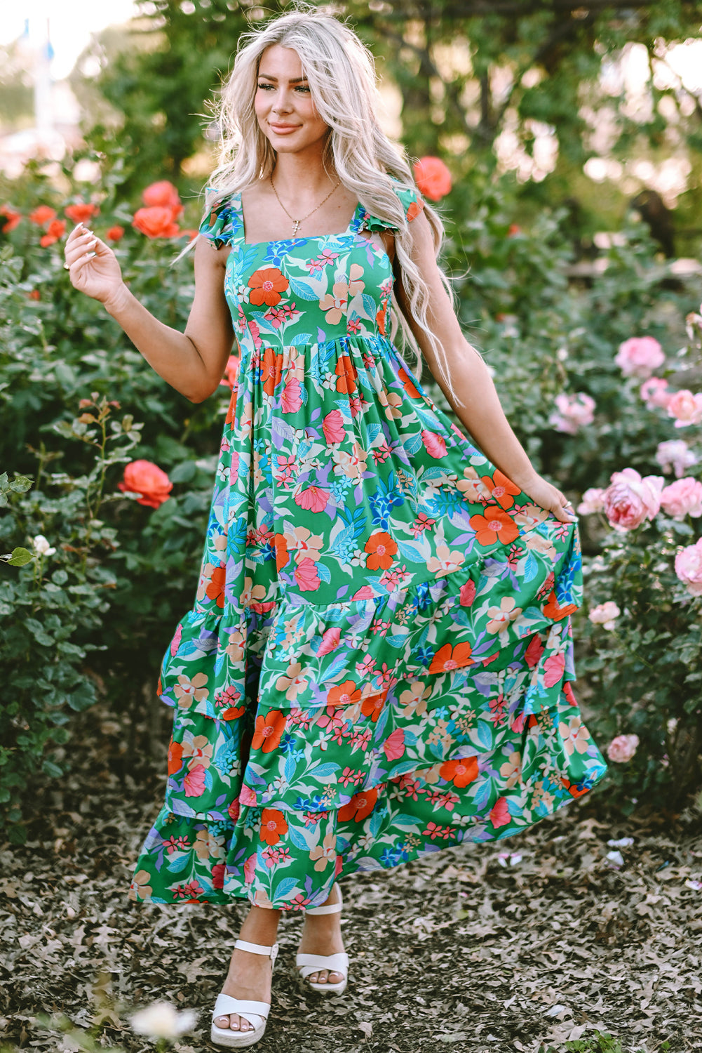 Green Floral Print Ruffle Maxi Dress