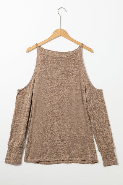 Khaki Marble Knit Cold Shoulder Long Sleeve Top