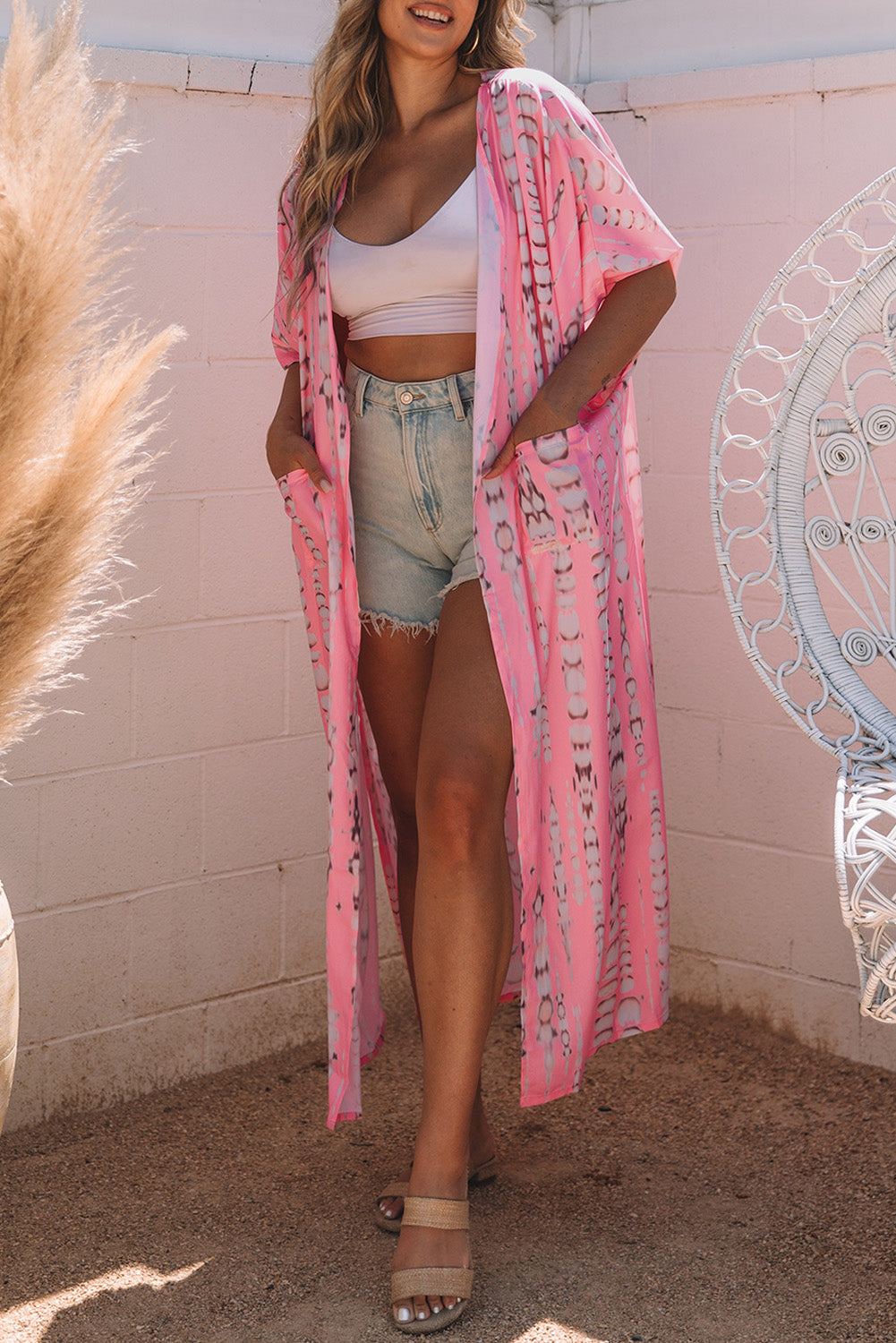 Pink Bohemian Tie Dye Oversize Long Kimono