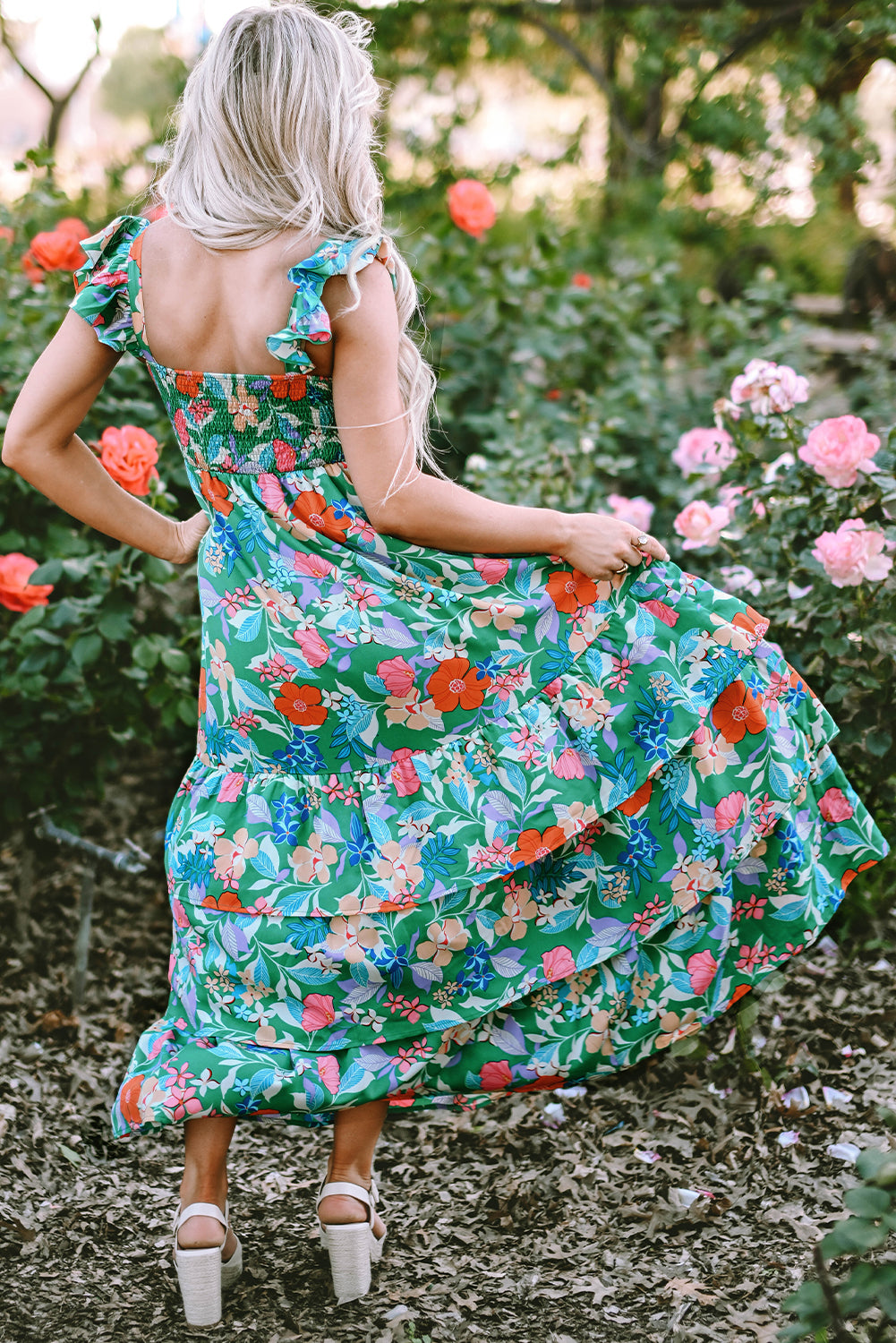 Green Floral Print Ruffle Maxi Dress