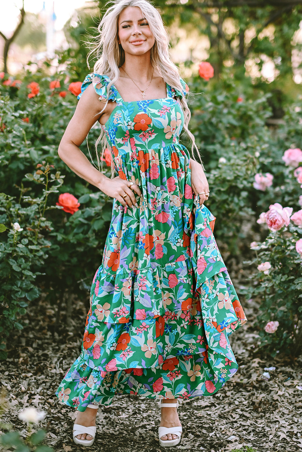 Green Floral Print Ruffle Maxi Dress