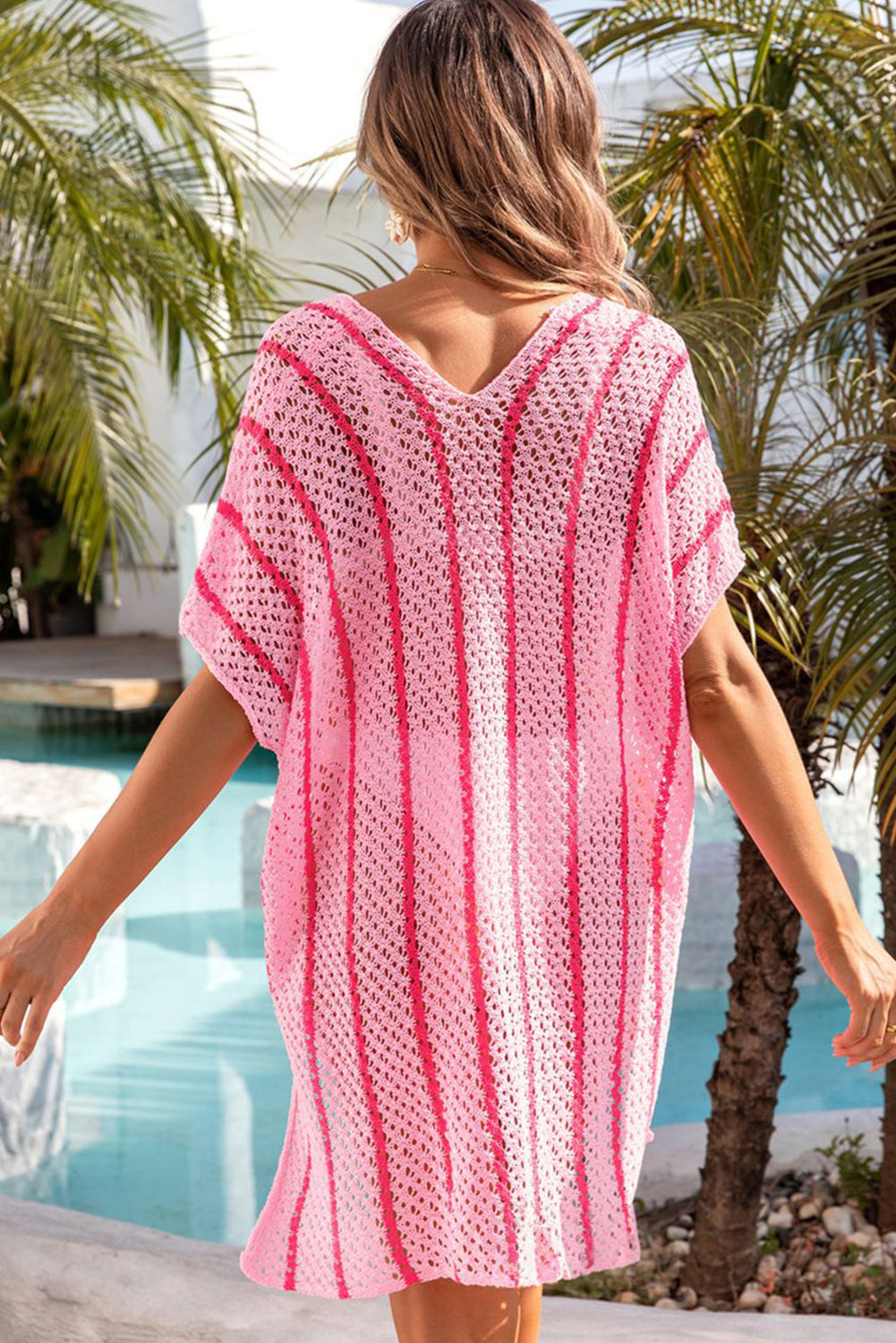 Pink Striped Crochet Neck Beach Cover Up