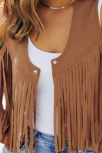 Camel Fringed Snap Button Front Suedette Vest