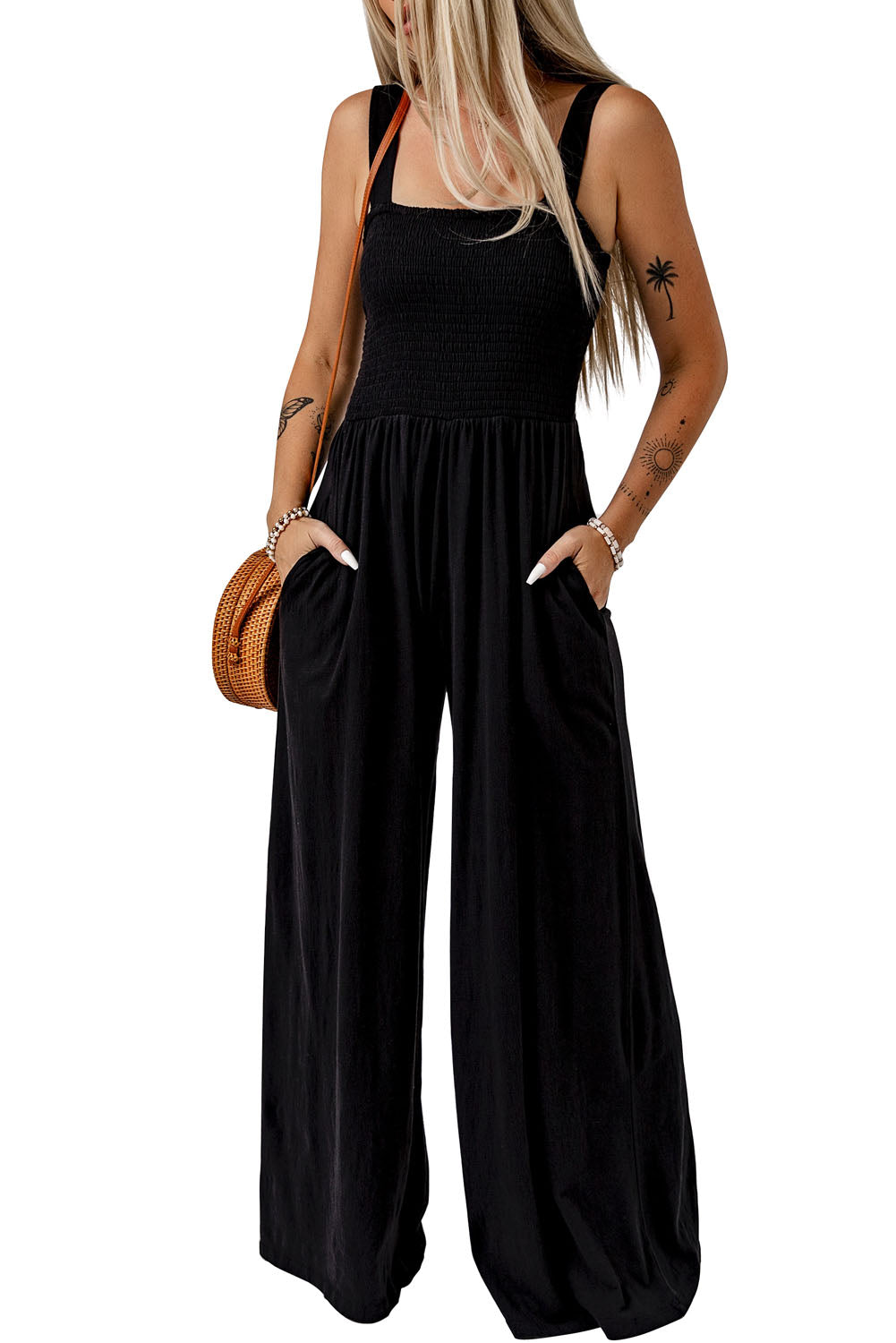 Black Smocked Sleeveless Wide Leg Jumpsuit