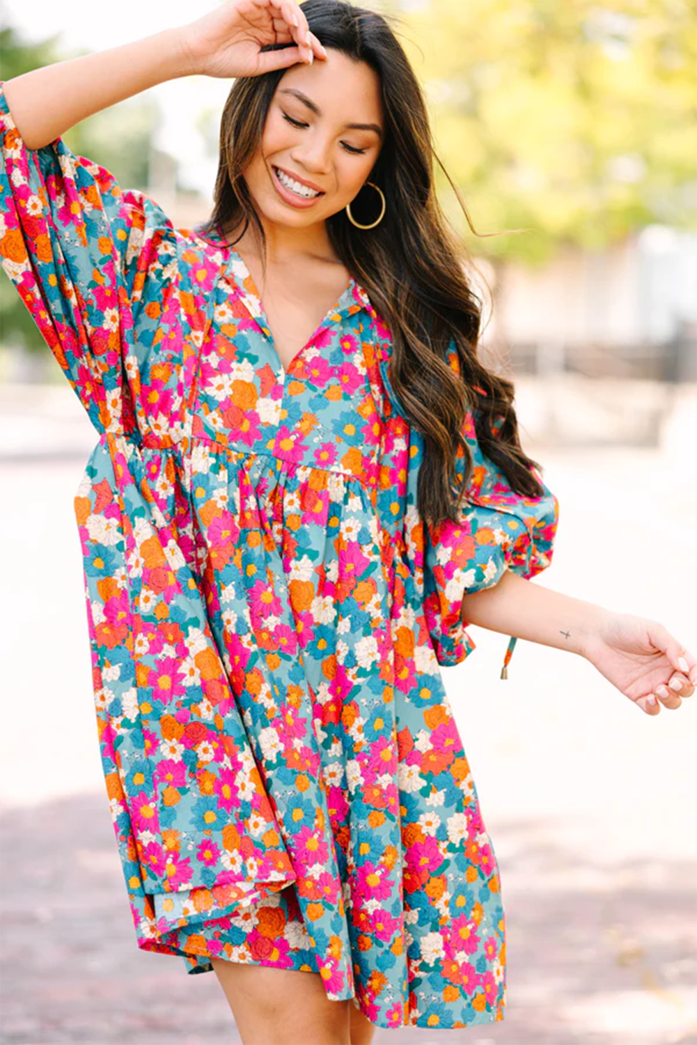 Sky Blue Floral Print Bubble Sleeve Dress