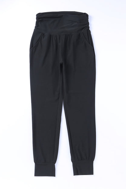 Black High Waist Pleated Pocket Leggings