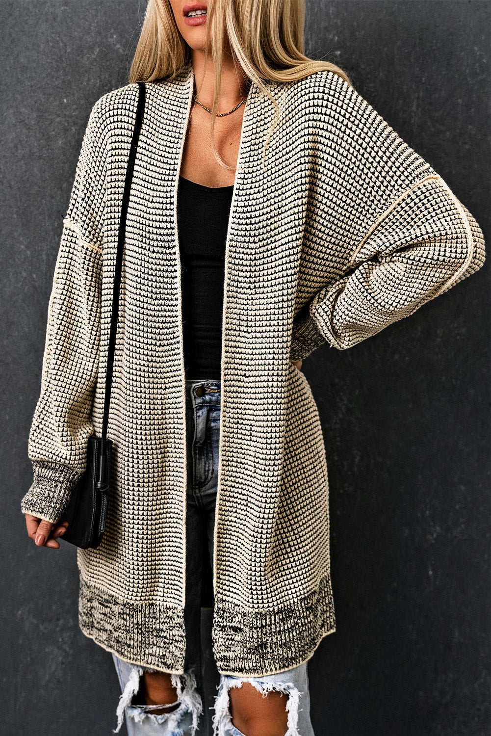 Apricot Plaid Knitted Long Open Front Cardigan