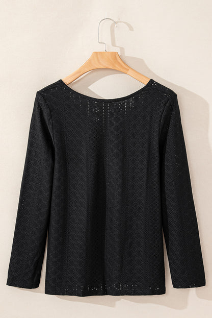 Black Floral Lace Splicing Eyelet Long Sleeve Top