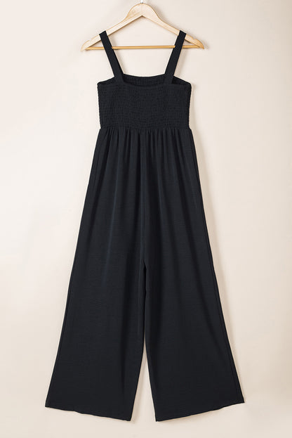 Black Smocked Sleeveless Wide Leg Jumpsuit