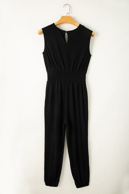 Black Shirred High Waist Sleeveless Jumpsuit