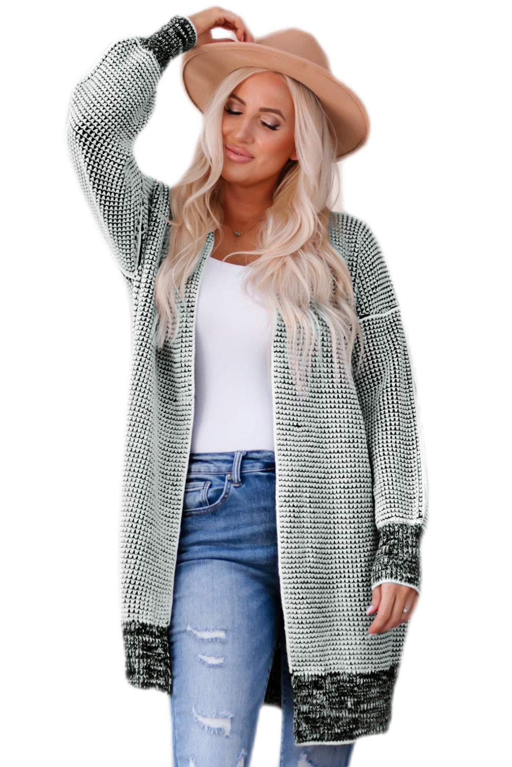 Gray Plaid Knit Long Cardigan