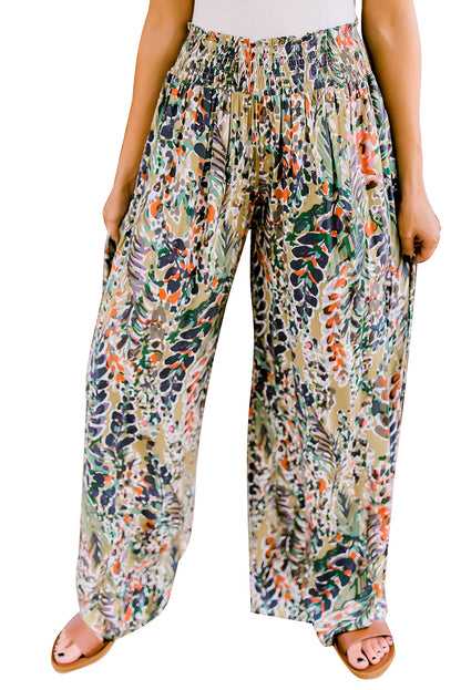 Multicolor Floral Shirred High Waist Pants