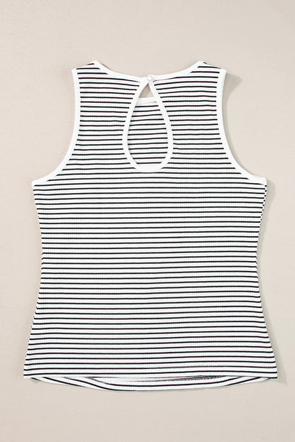 White Striped Print Ribbed Knit Sleeveless Top