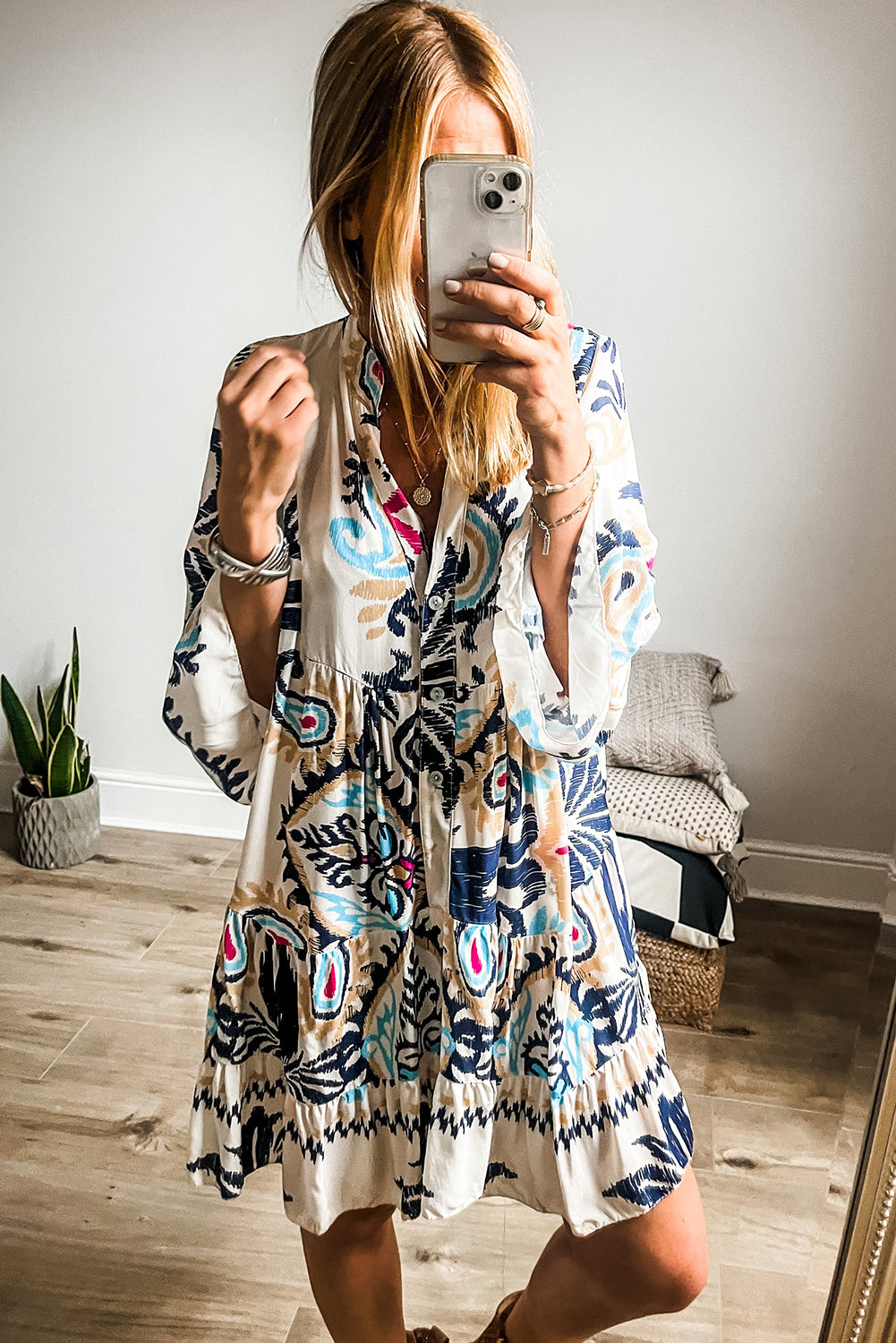 White Tribal Print Buttoned Mini Dress